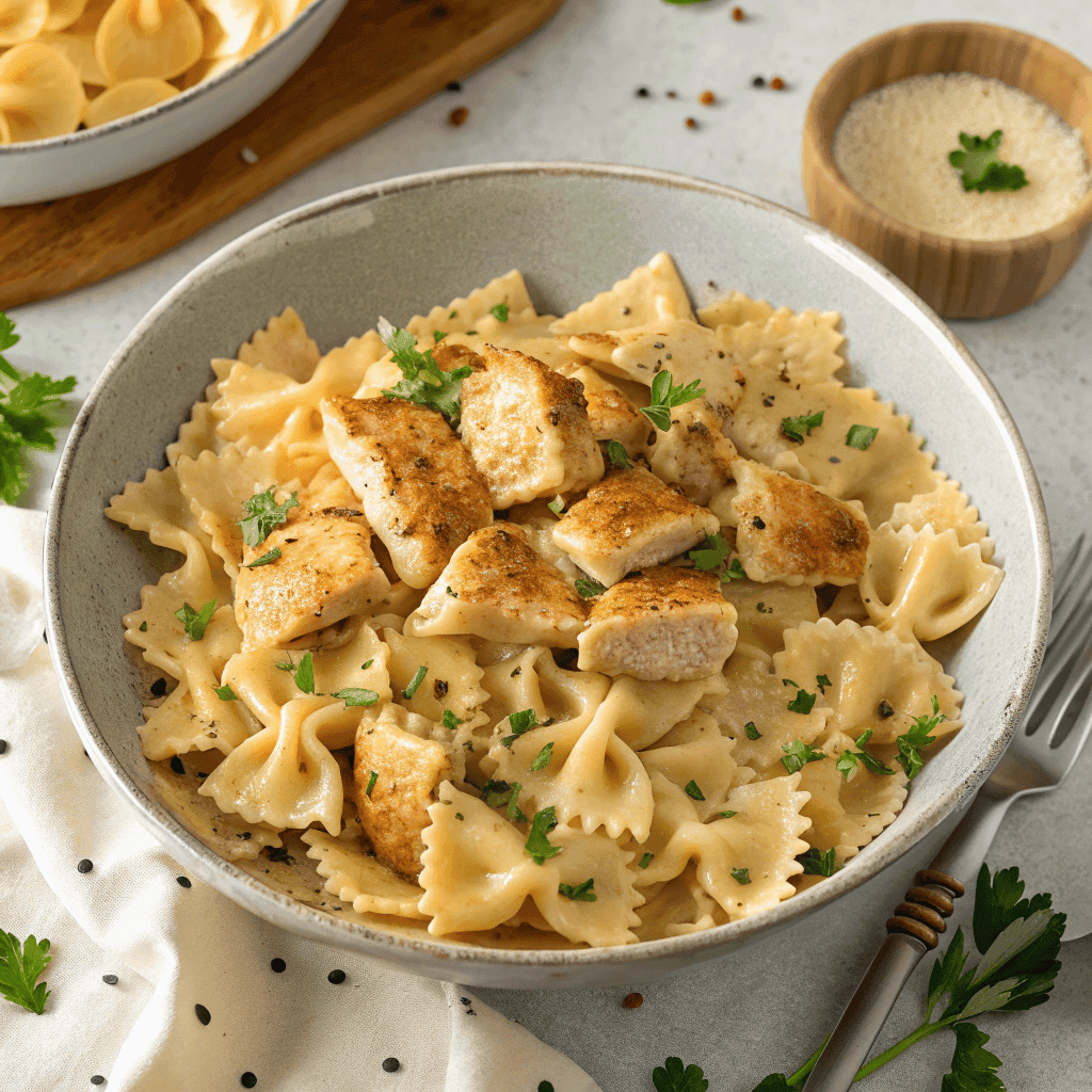 Creamy parmesan bowtie pasta topped with Cajun chicken in a white bowl.