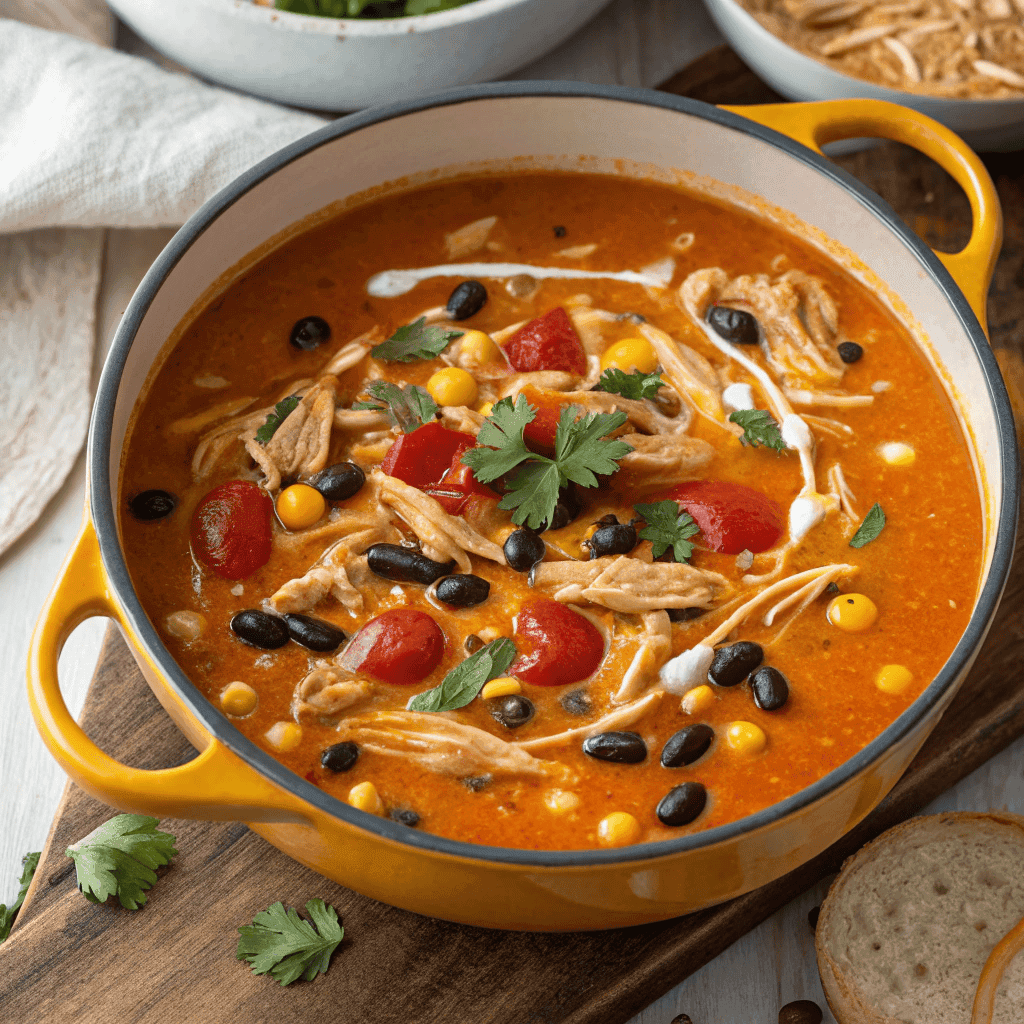 Top-down view of a full pot of chicken enchilada soup with creamy broth, chicken, beans, and corn.