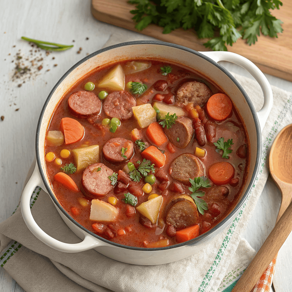 Best Cowboy Stew Soup with Beef, Beans, and Potatoes 2 Top-down view of a full pot of cowboy stew soup with sausage, potatoes, vegetables, and thick tomato broth.