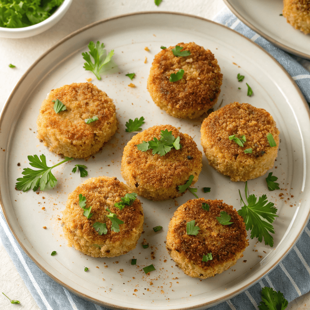 Top-down view of crispy crab cakes with crunchy crust and parsley garnish.