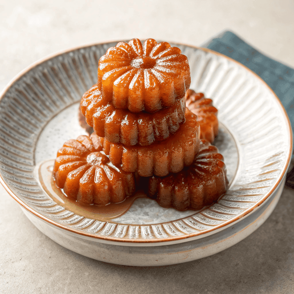 Top-down view of a plate of crispy yakgwa with shiny honey glaze.