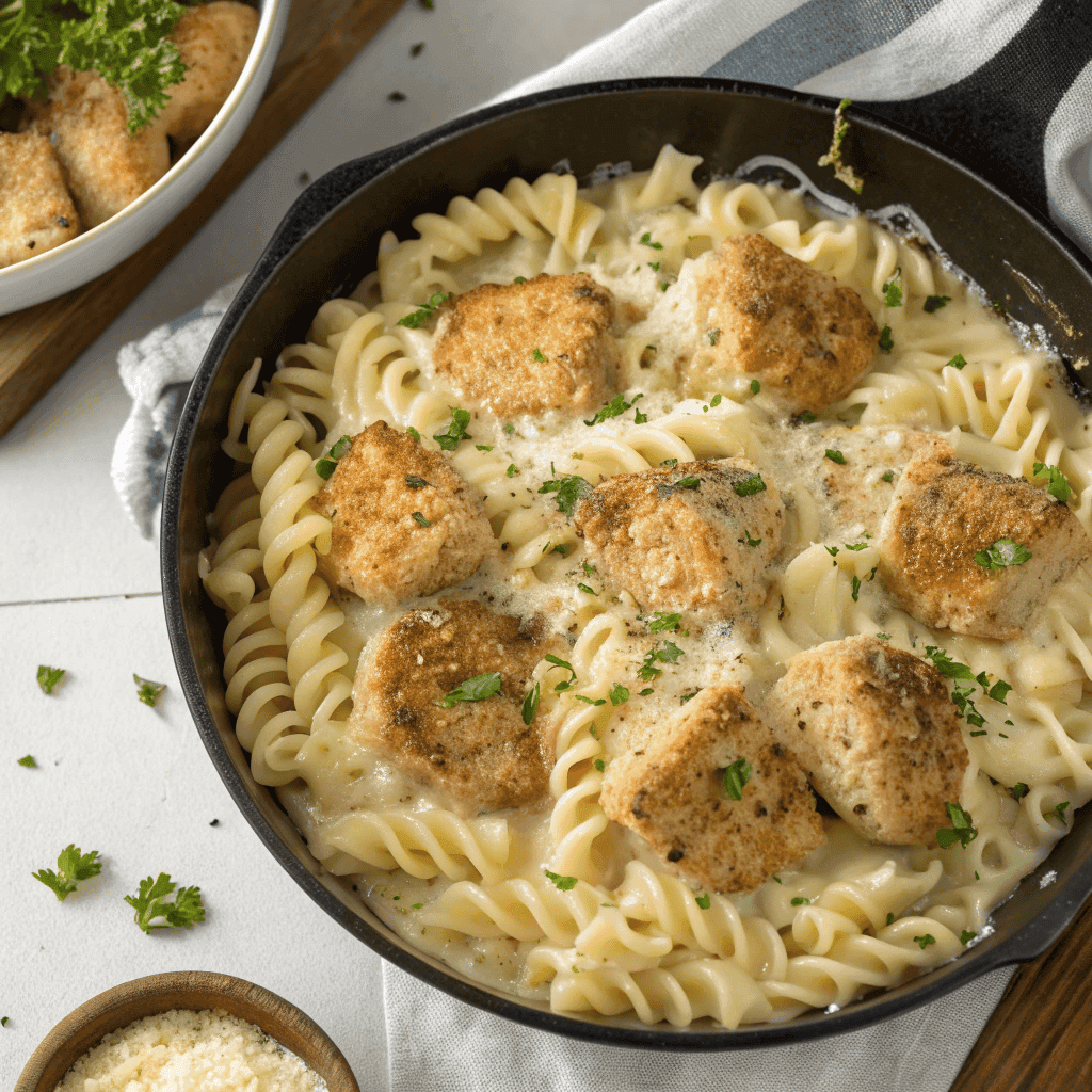 Crispy Garlic Parmesan Chicken Bites with Creamy Rotini Pasta 2 Top-down view of garlic parmesan chicken bites over creamy rotini pasta in a skillet.