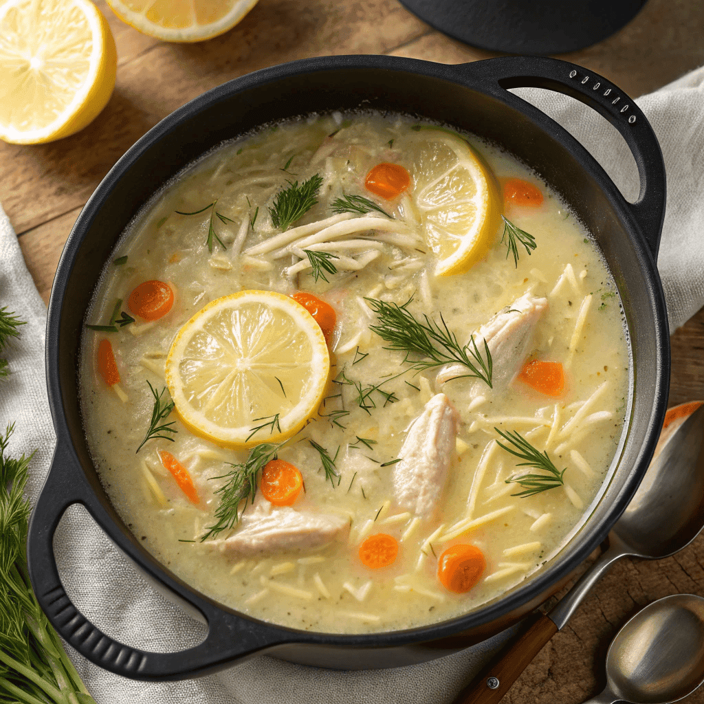 Top-down view of a full pot of Greek lemon chicken soup with rice, carrots, chicken, and dill.