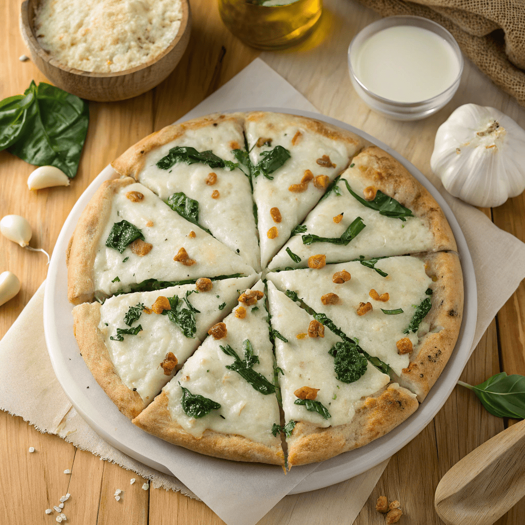 Top-down view of Greek roasted garlic spinach white pizza with melted cheese.