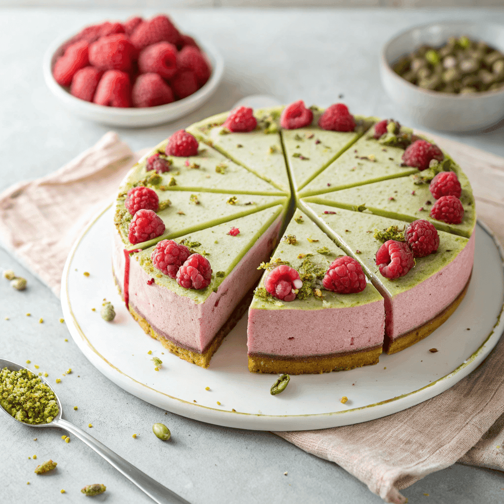 Top-down view of raspberry pistachio mousse cake with layered structure and berry topping.