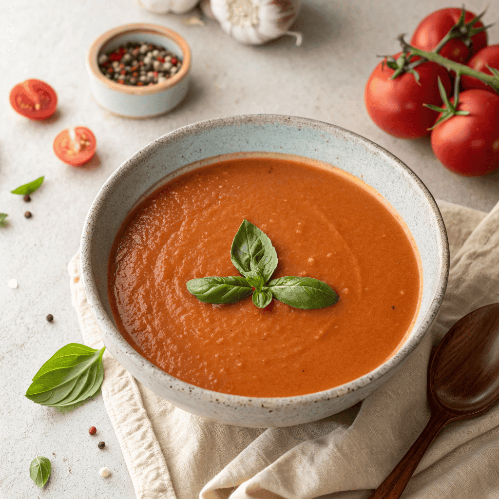 Top-down view of a full bowl of roasted tomato soup with smooth texture and basil garnish.