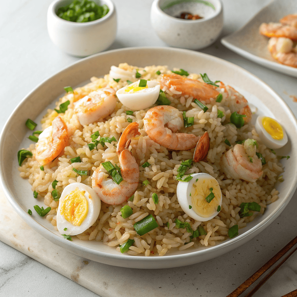 Garlic Butter Seafood Fried Rice with Shrimp & Crab 2 Top-down view of a full plate of seafood fried rice with shrimp and herbs.