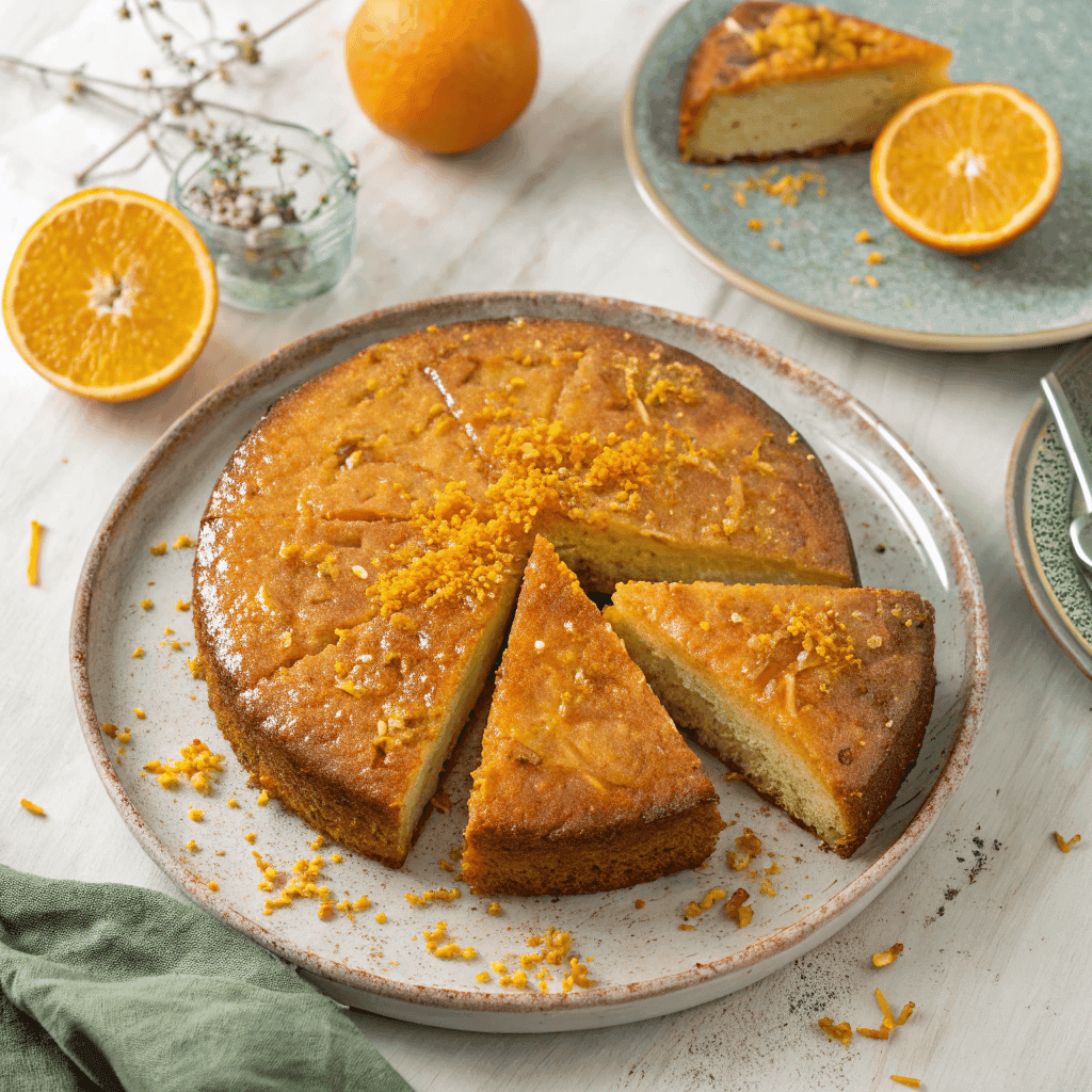 Top-down view of a whole Persian orange cake with syrup glaze and orange zest.