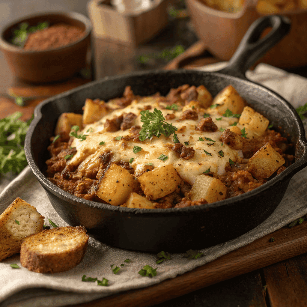 Overhead view of a skillet filled with four-cheese potato rösti topped with parsley.