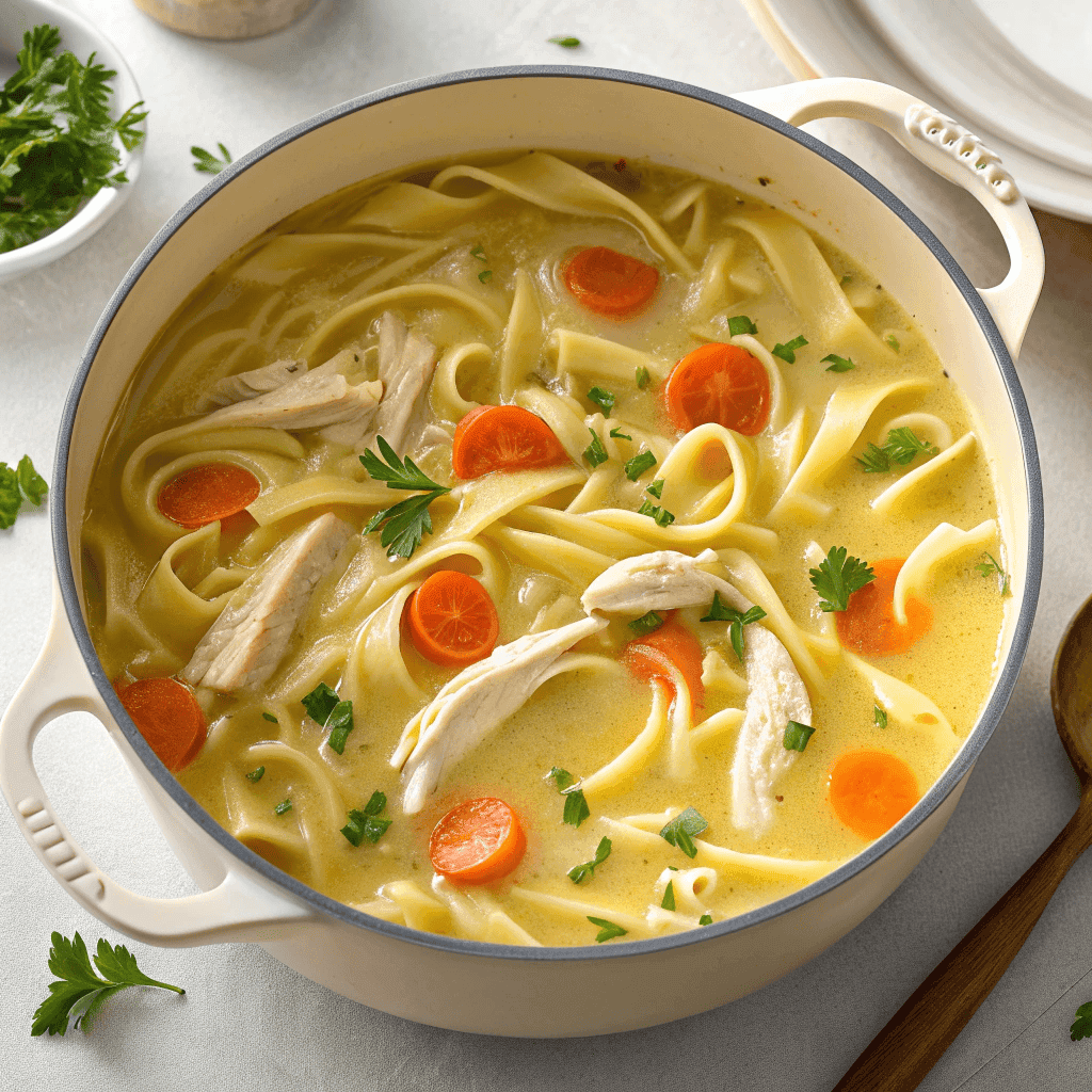 Overhead shot of a full pot of creamy crack chicken noodle soup with chicken, noodles, and vegetables.