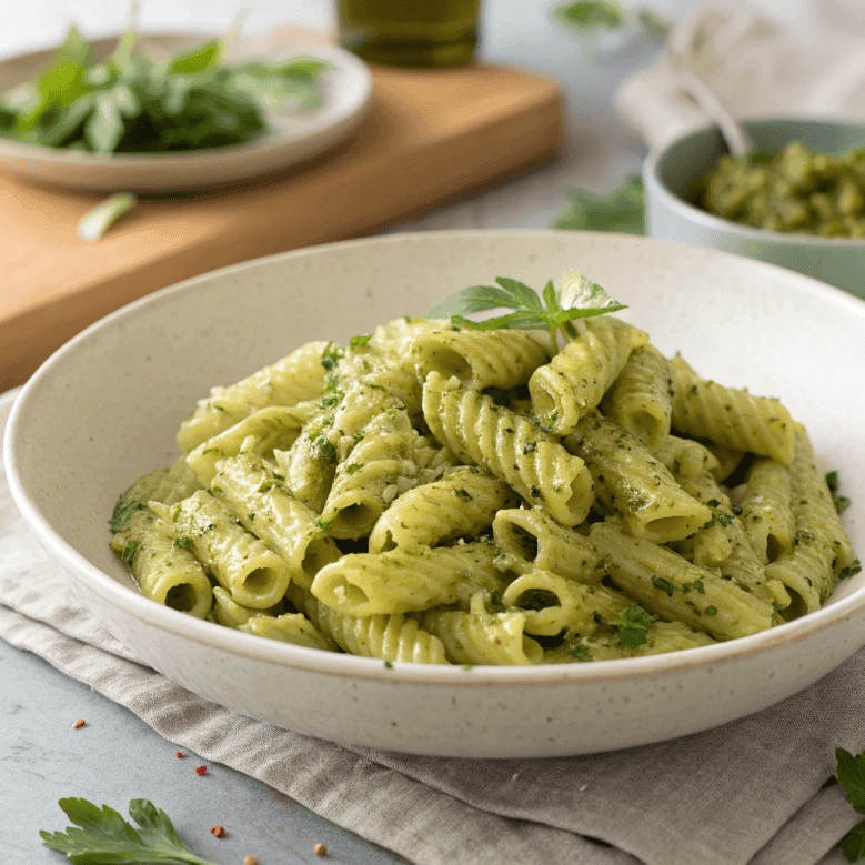 Full plate of avocado pesto pasta with creamy green herb sauce