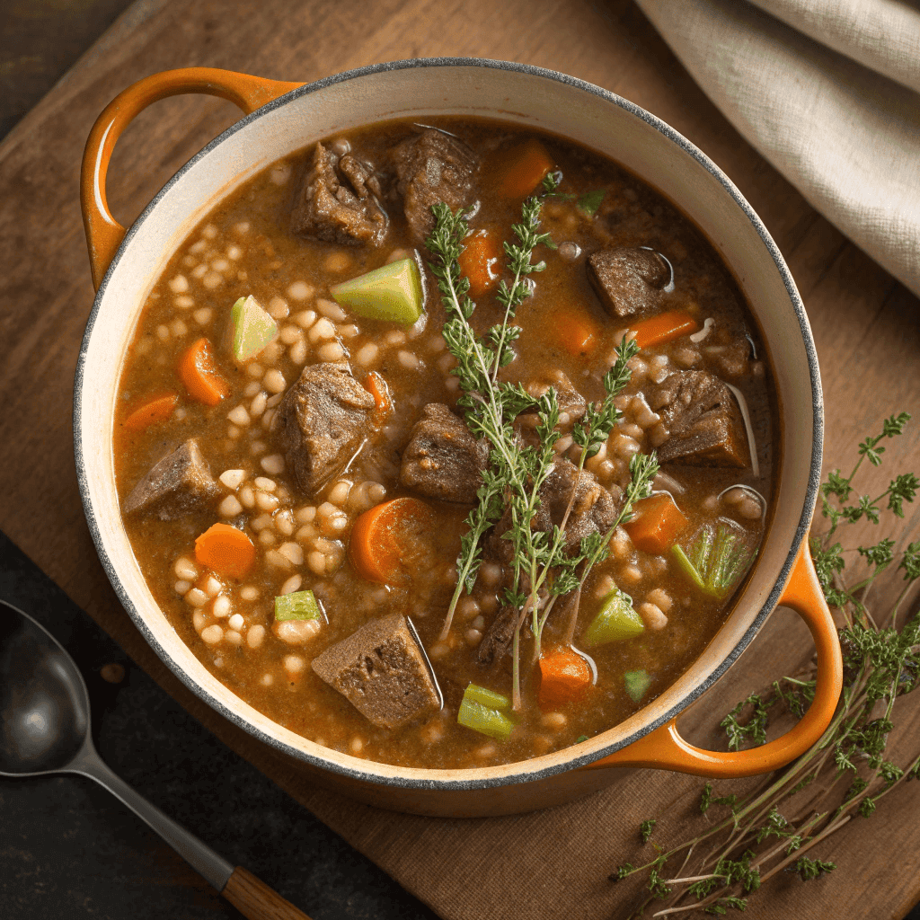 Overhead pot of beef barley soup filled with beef, barley, carrots, and herbs.