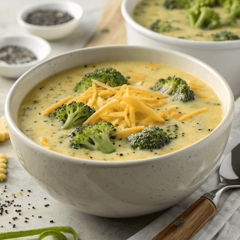 Full bowl of creamy broccoli cheddar soup with cheese topping and broccoli pieces