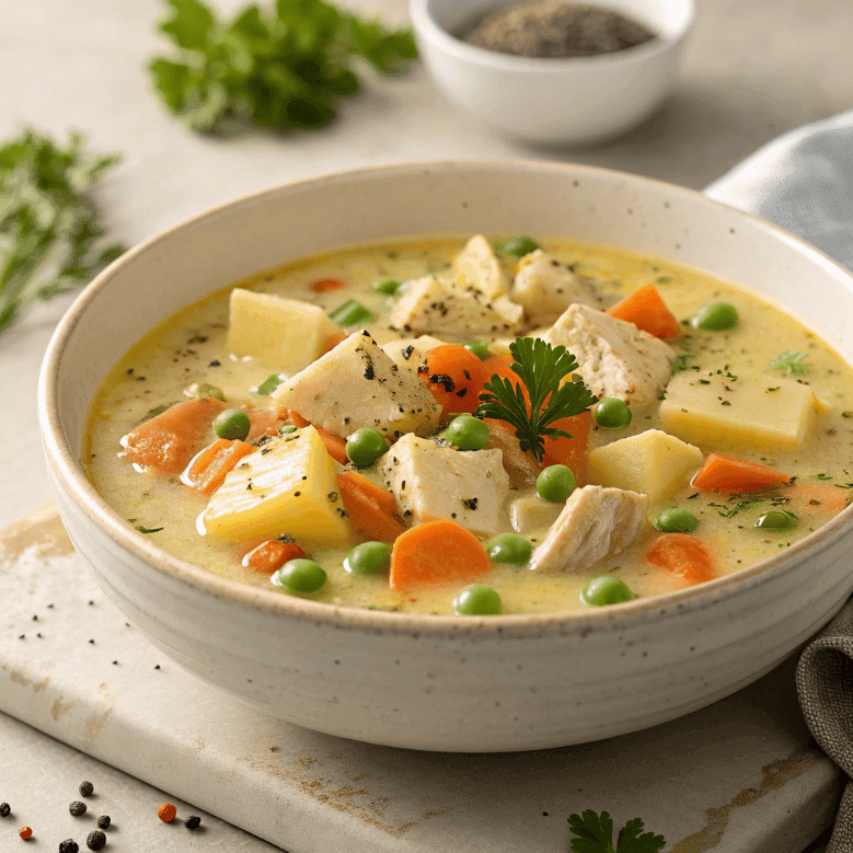 Full bowl of creamy chicken potato soup with vegetables and herbs in a ceramic dish