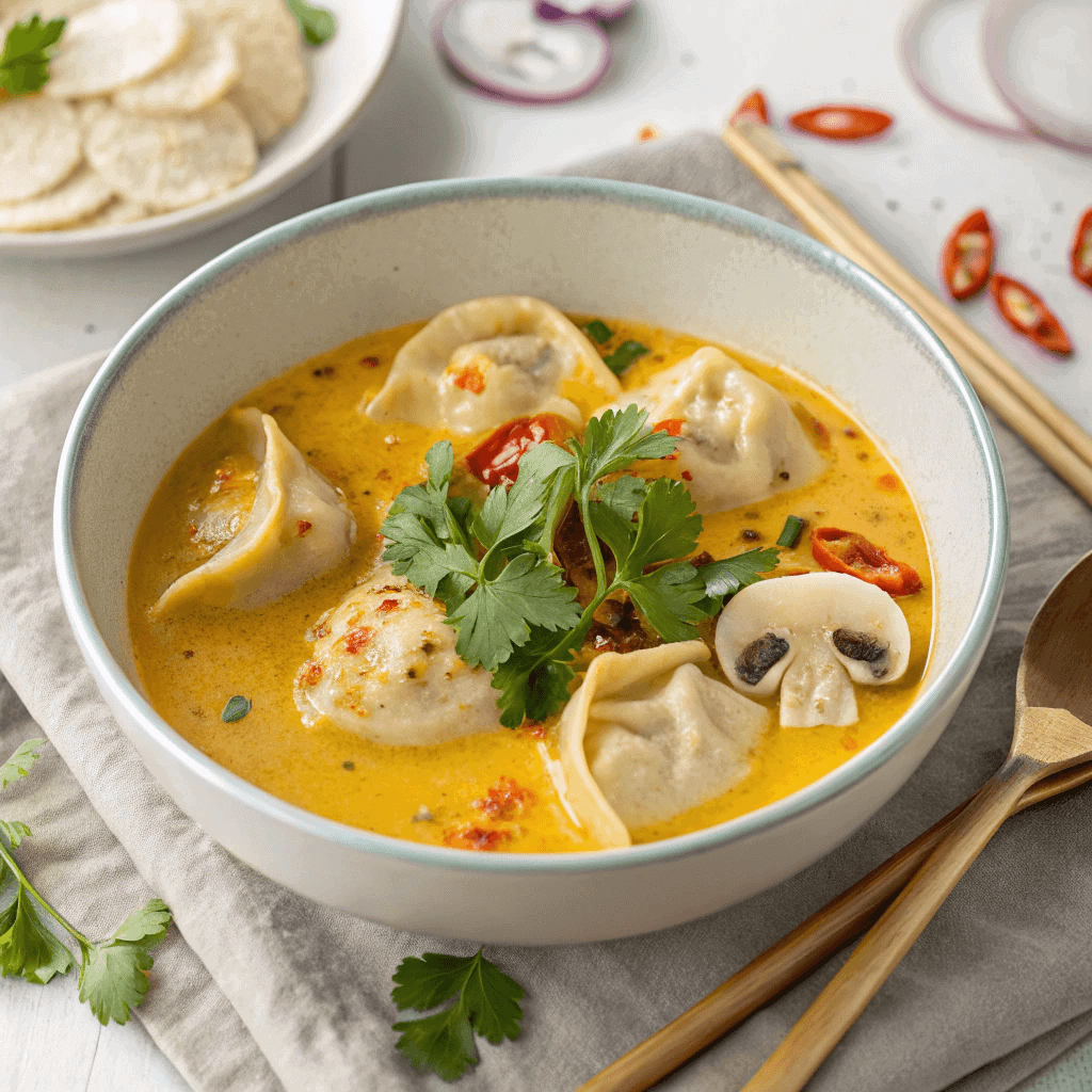 Coconut Curry Soup Recipe – Creamy and Ready in 30 Minutes 2 Overhead bowl of coconut curry soup with mushrooms and fresh herbs.