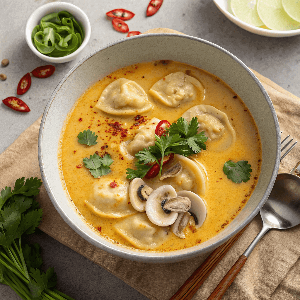 Coconut Curry Soup Recipe – Creamy and Ready in 30 Minutes 1 Extra close-up view of coconut curry soup with mushrooms and herbs in a white bowl.