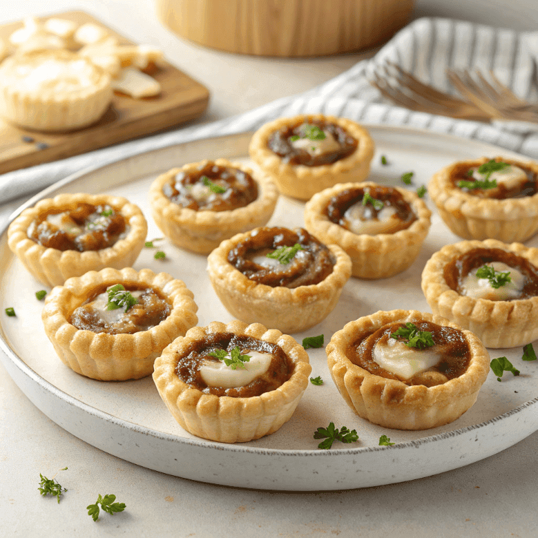 Platter of French onion soup bites with pastry shells, caramelized onions, and cheese