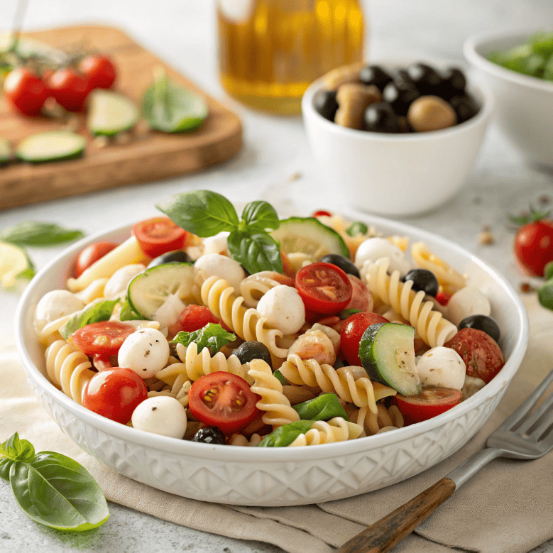 Full platter of Italian pasta salad with rotini, vegetables, cheese, and herbs