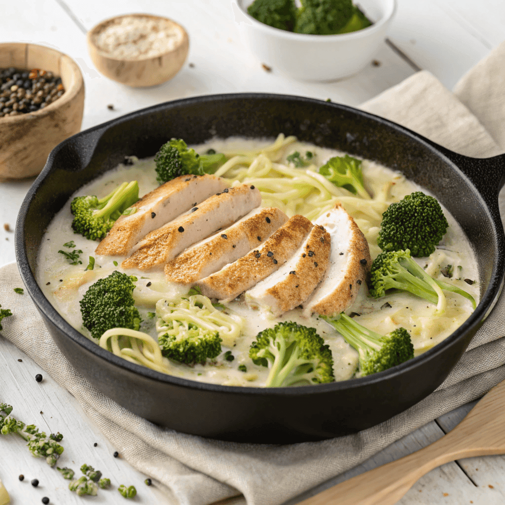 Overhead skillet filled with creamy low-carb chicken Alfredo and broccoli.