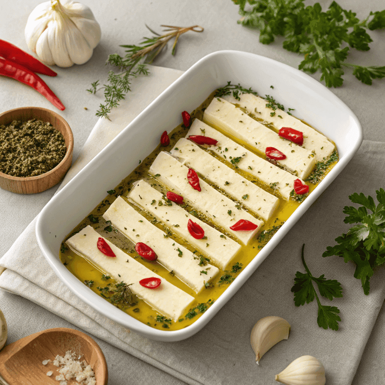 Full dish of marinated cheese with herbs, garlic, and red peppers in olive oil