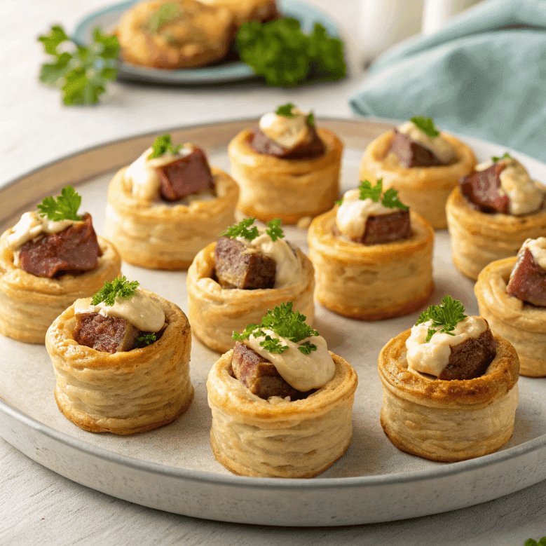 Platter of mini beef Wellington bites with puff pastry, beef cubes, and sauce