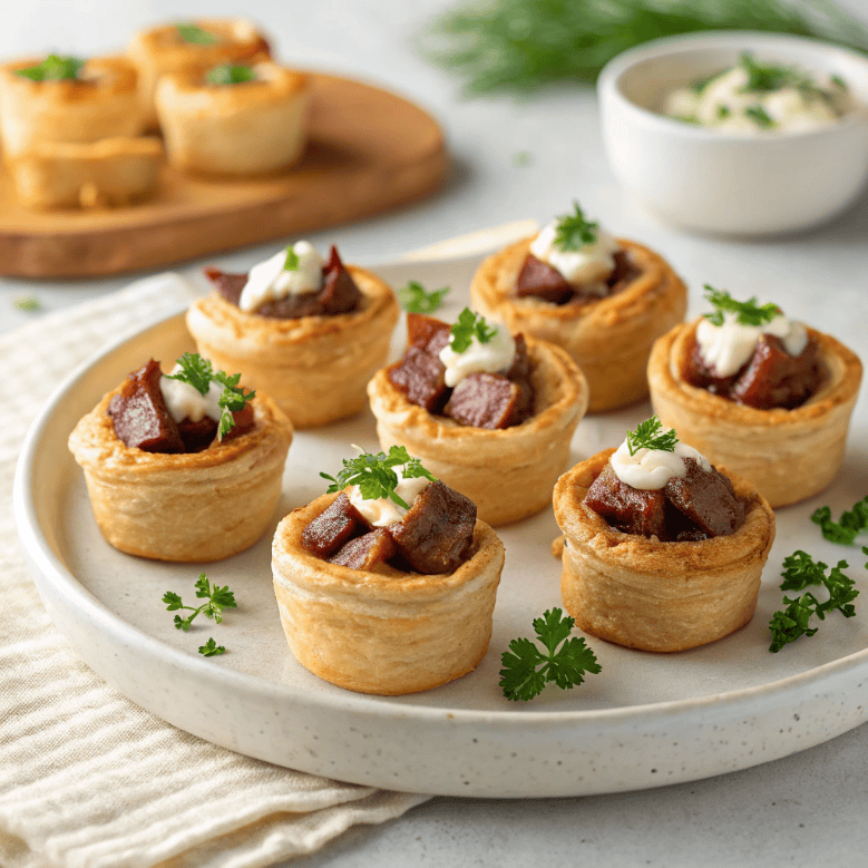 Mini beef Wellington bites served on a white plate with flaky pastry and creamy sauce