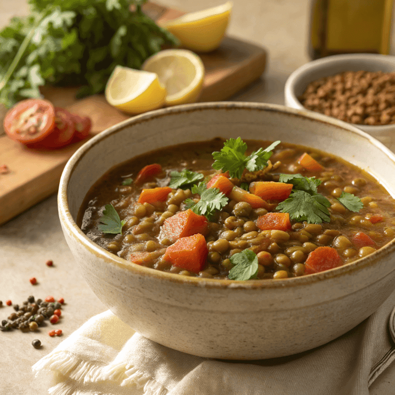 Full bowl of thick Moroccan lentil soup with vegetables and herbs
