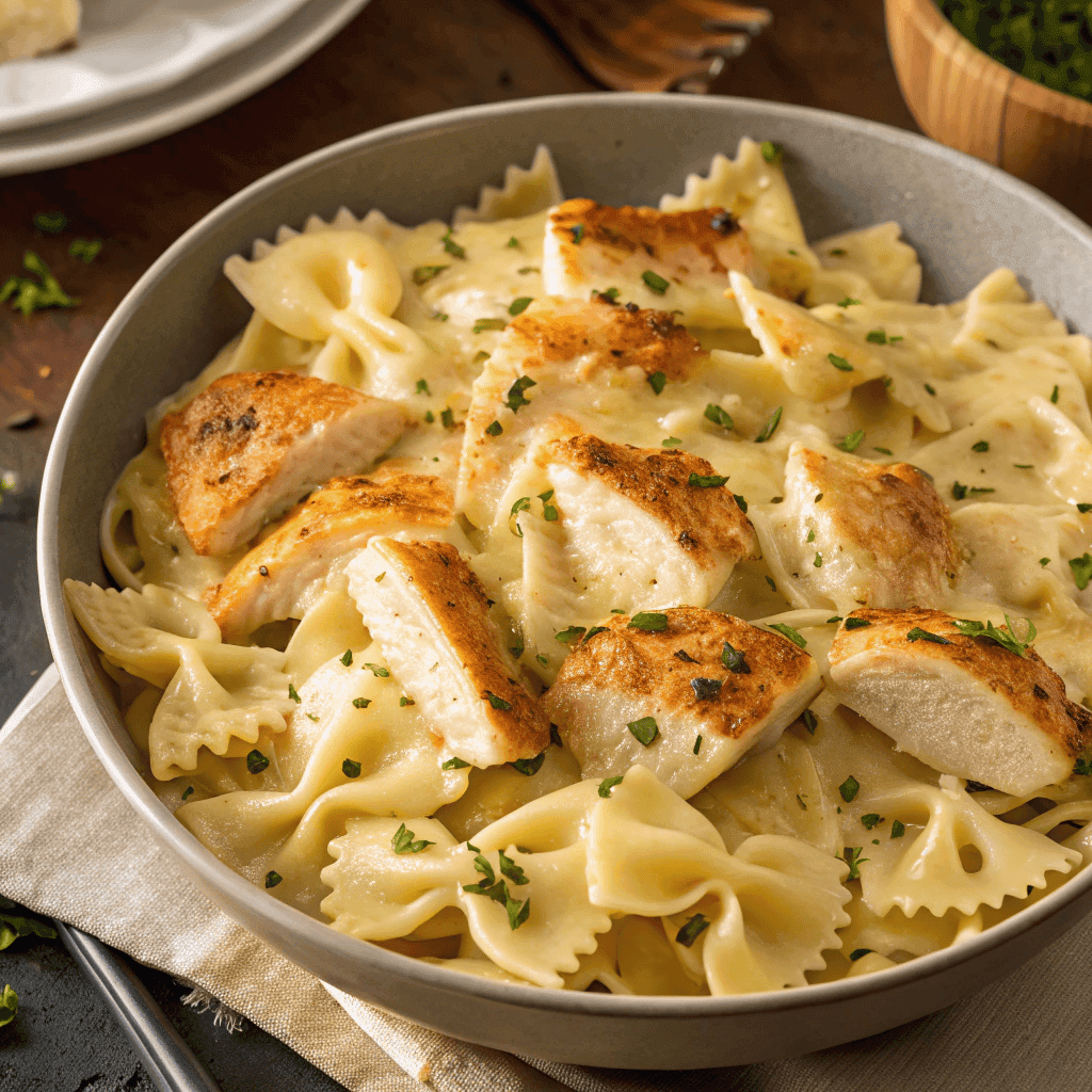 Overhead bowl of bowtie pasta in garlic butter mozzarella sauce topped with seared chicken.