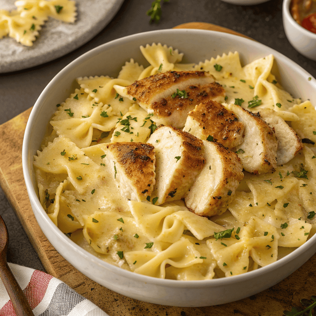 Close-up serving of creamy garlic butter bowtie pasta with seared chicken on a white plate.