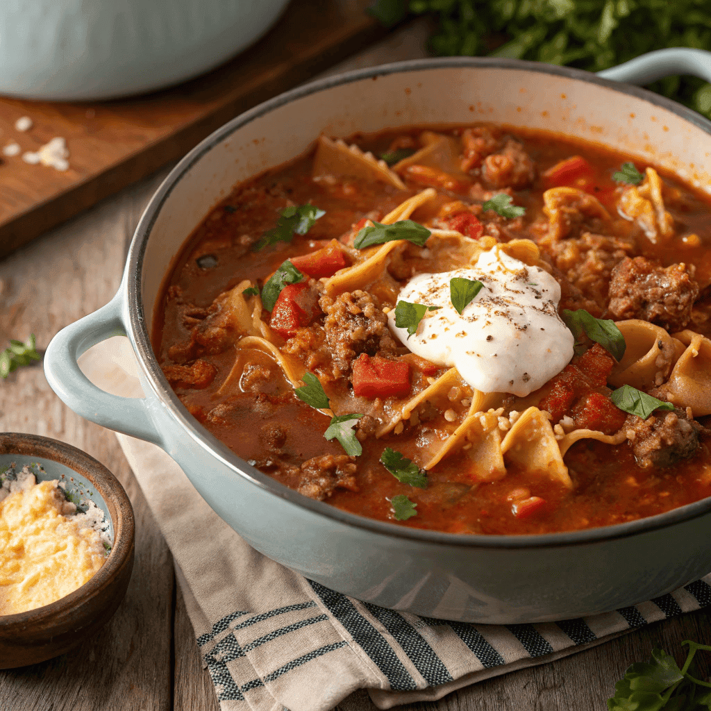 Overhead view of a pot of lasagna soup topped with cheese and sour cream.