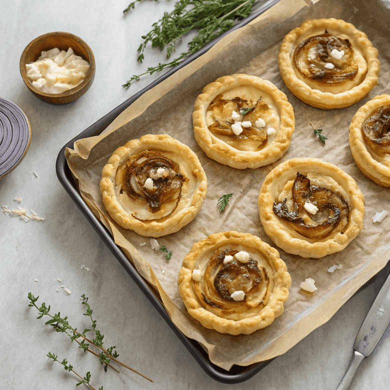 Full batch of onion and goat cheese tarts with flaky pastry and caramelized onions 