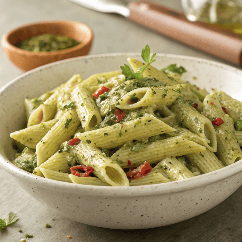 Full bowl of creamy pesto penne pasta with herbs and pepper