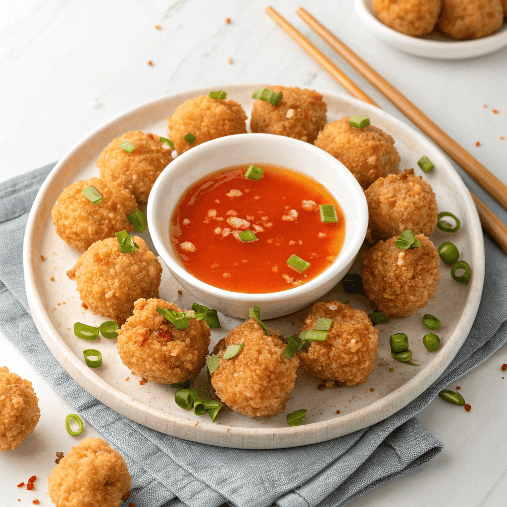 Overhead shot of a plate of shrimp balls arranged around a bowl of sweet chili sauce.