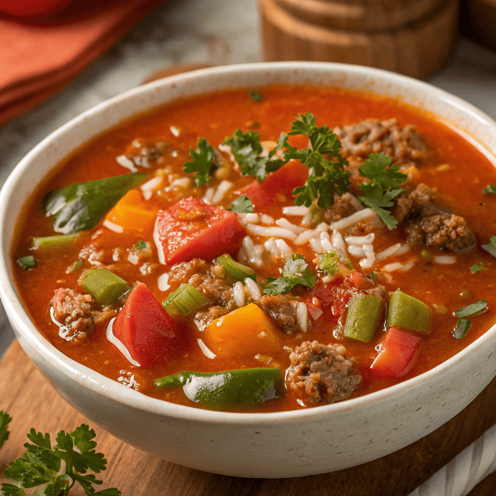 Overhead view of a pot filled with stuffed pepper soup containing beef, rice, and peppers.