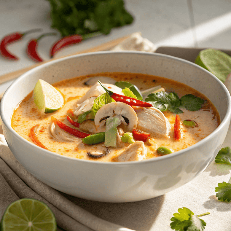 Full bowl of Tom Kha Gai soup with coconut broth, chicken, mushrooms, and herbs