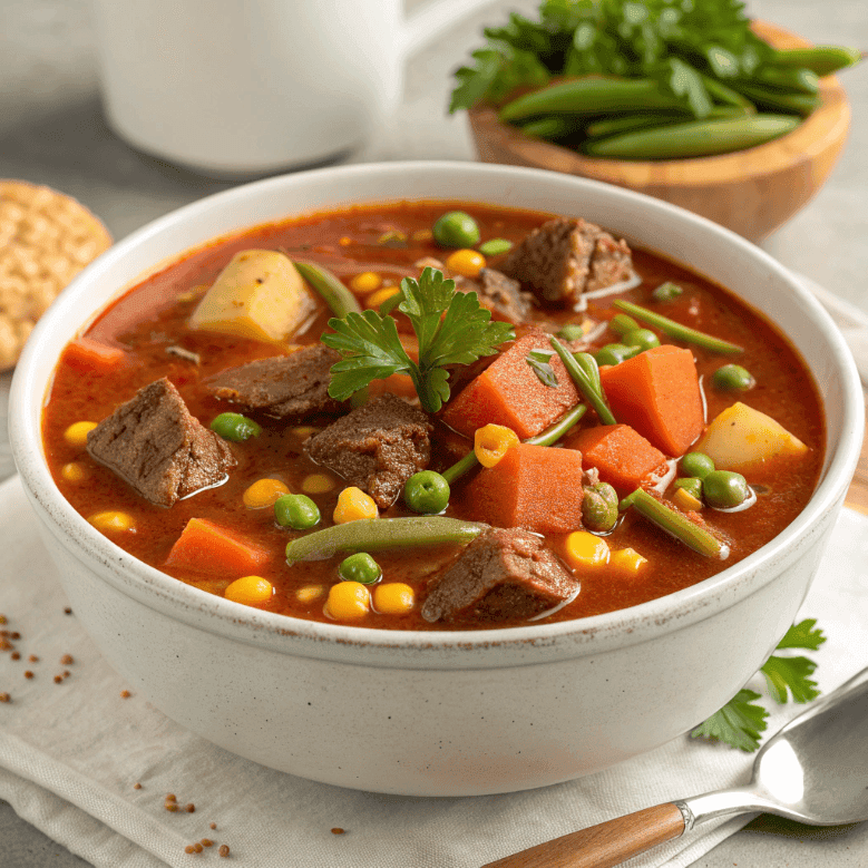 Full bowl of vegetable beef soup with mixed vegetables and beef in tomato broth