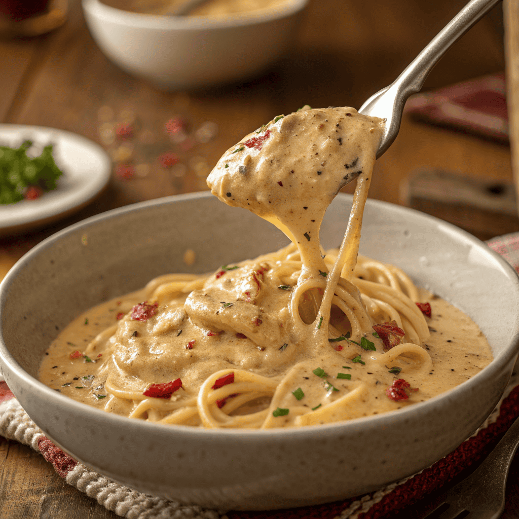 Cajun Alfredo sauce coating pasta with visible spice flecks in a bowl