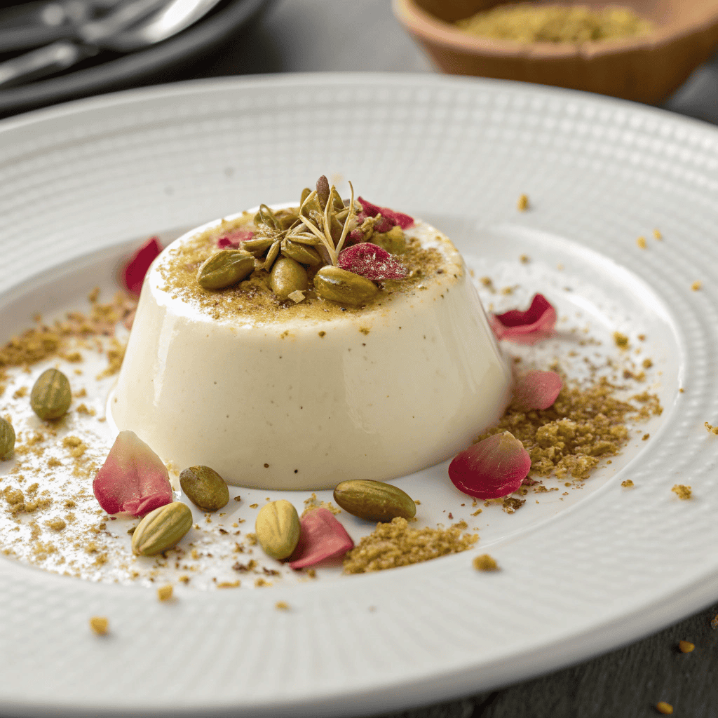 Full plate of cardamom panna cotta with pistachios, toasted crumbs, and rosebuds