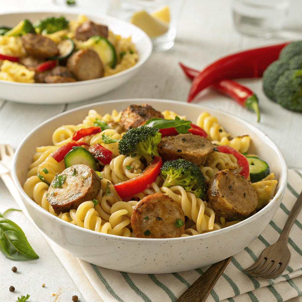 Full container of chicken sausage pasta with vegetables and herbs