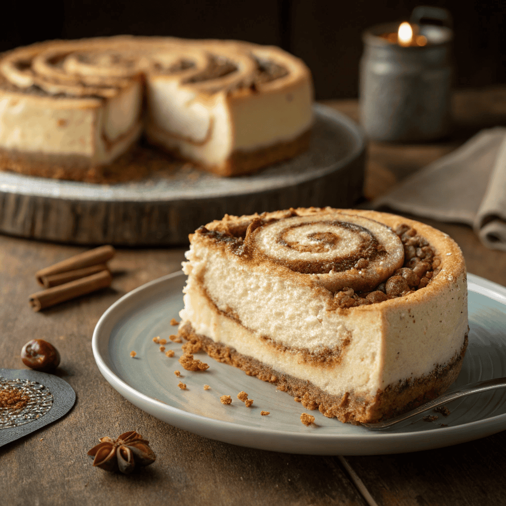 Whole cinnamon roll honeybun cheesecake showing layered structure and spiral top