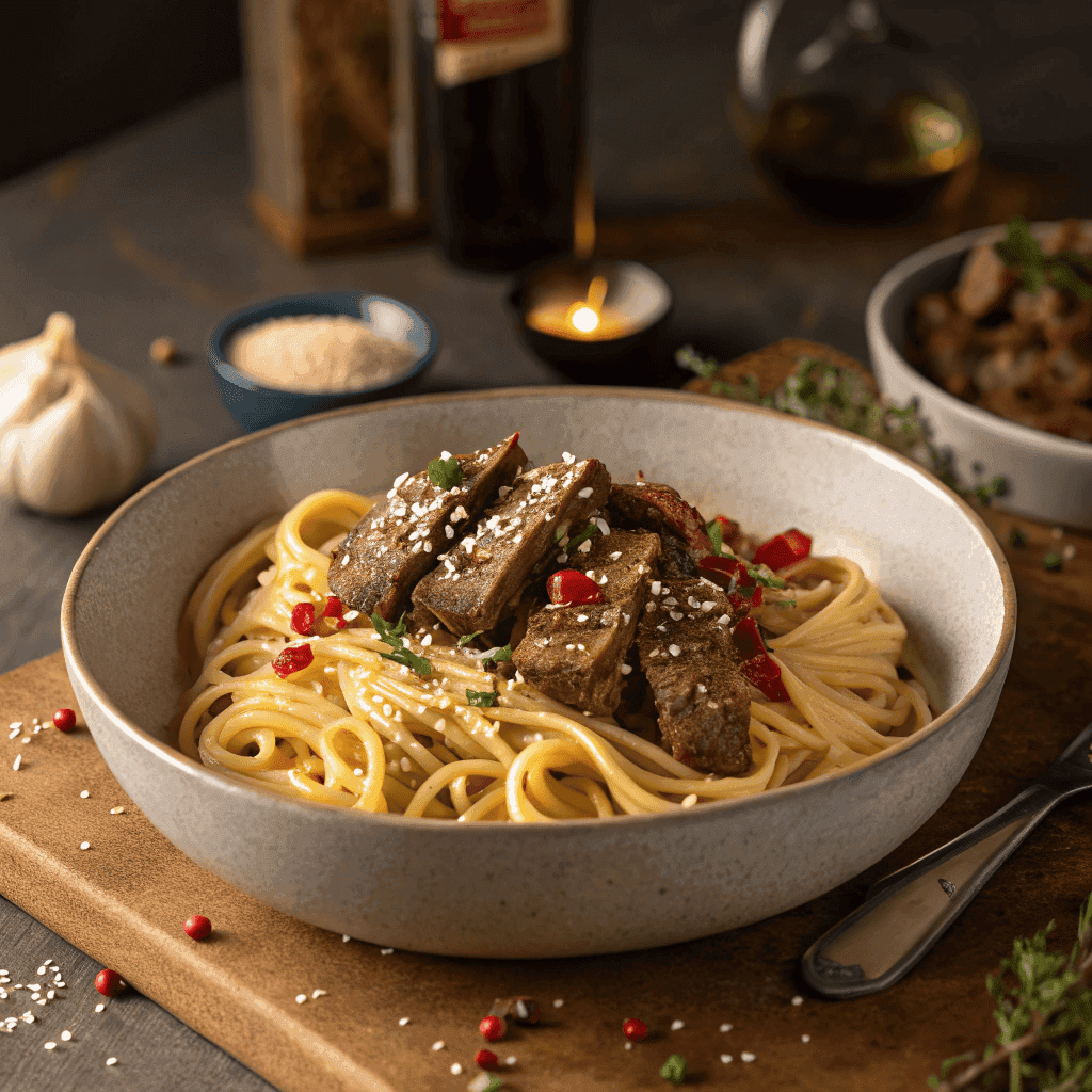 Full bowl of garlic steak pasta with buttery noodles and glazed steak pieces