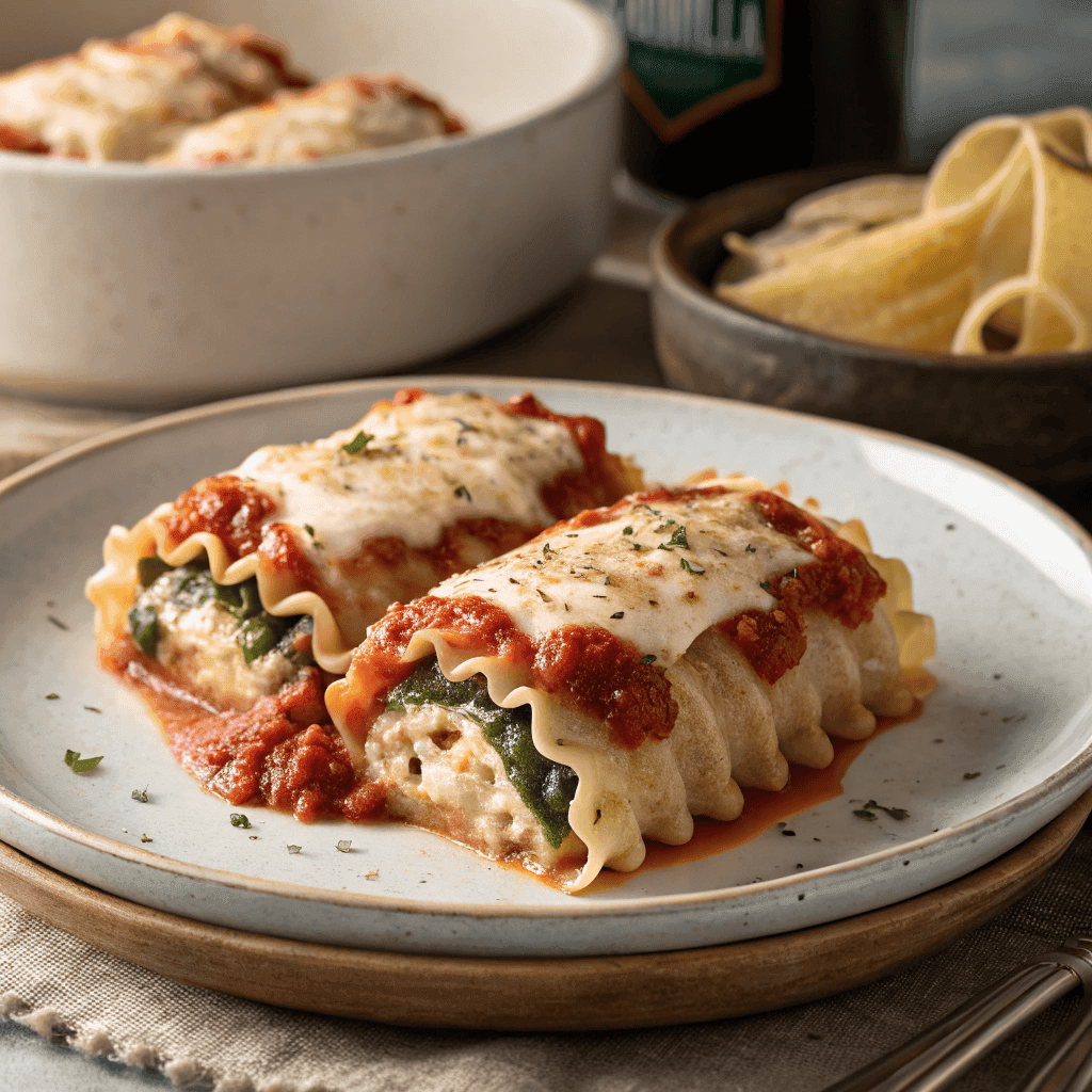 Full plate of lasagna rolls with cheese and tomato sauce