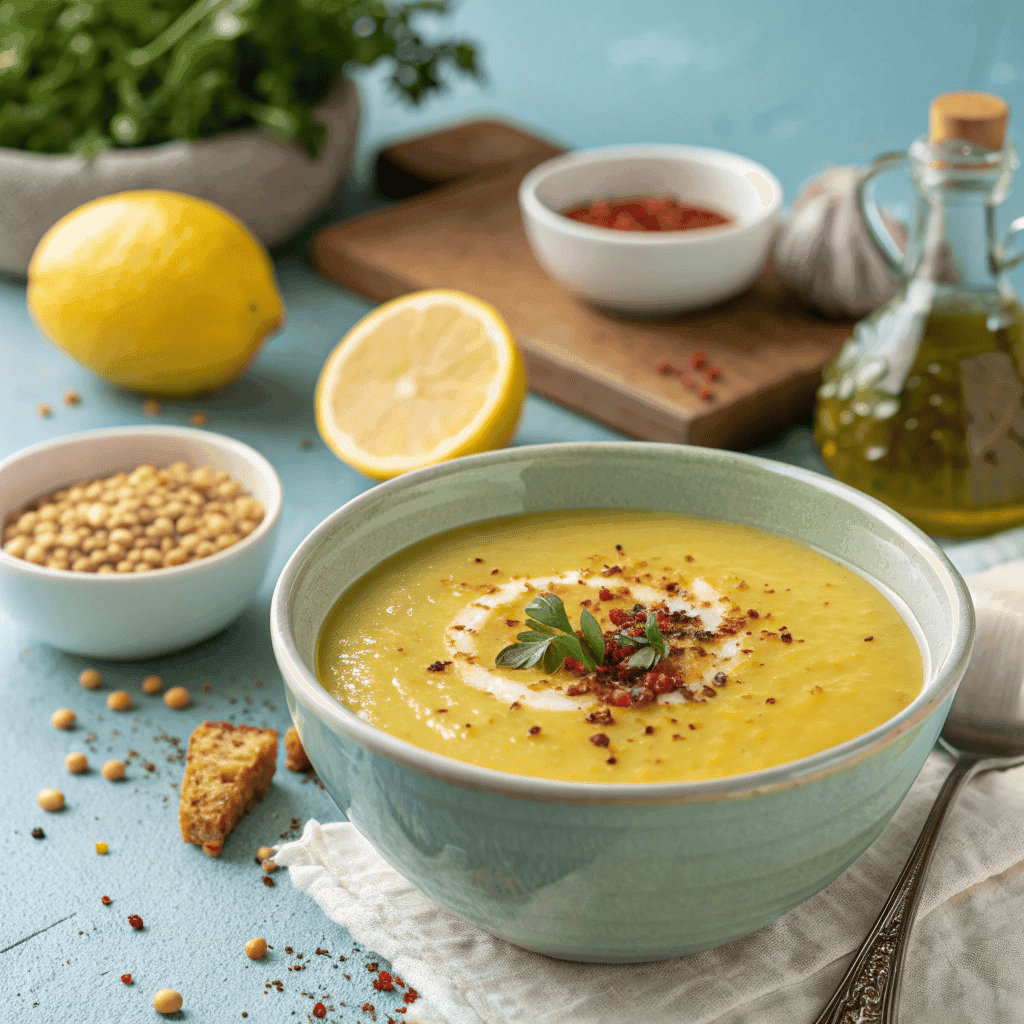 Full bowl of Lebanese lemon lentil soup with olive oil and herbs, lemons in background