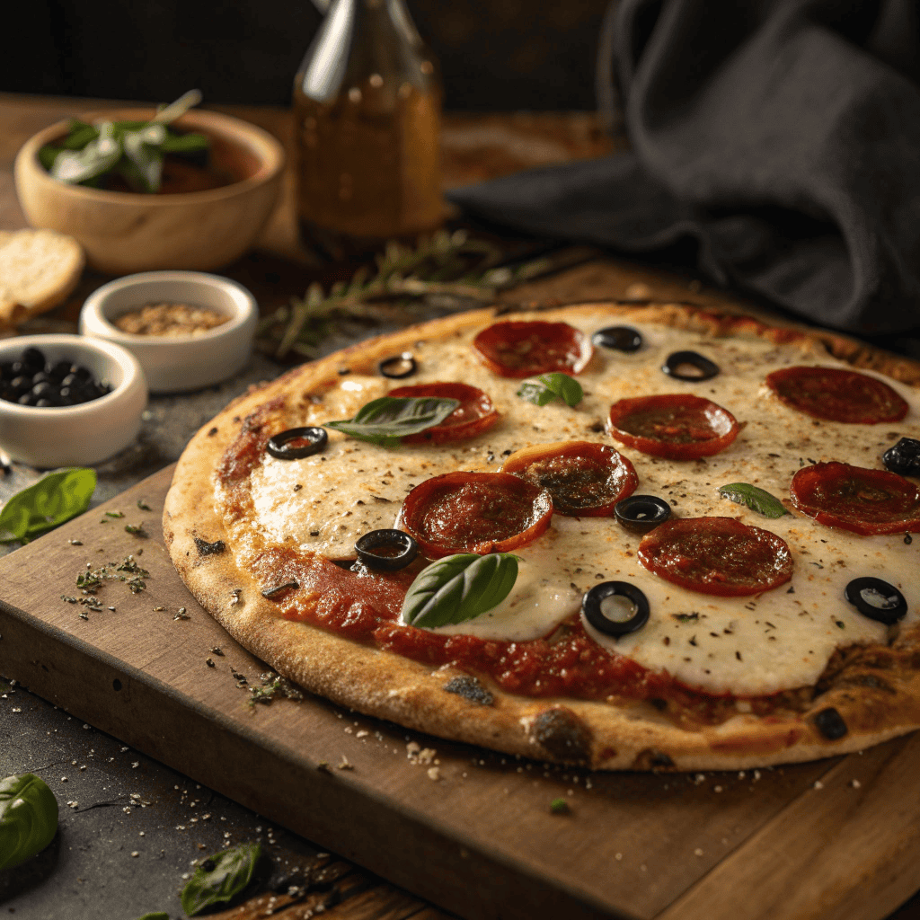 Slice of low carb pizza casserole with melted cheese, pepperoni, olives, and basil 