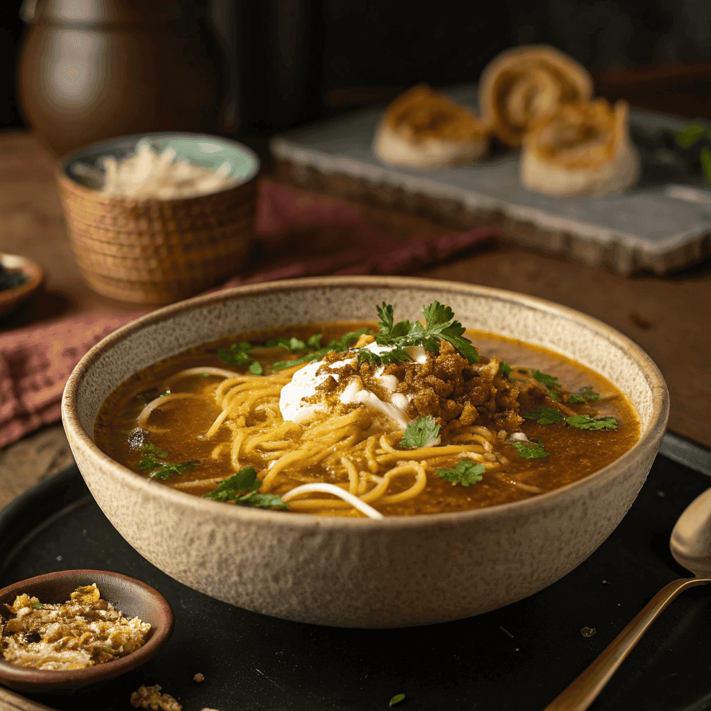 Full bowl of Persian noodle soup with noodles, herbs, yogurt drizzle, and crispy onions on a table