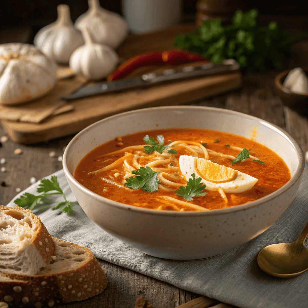 Full bowl of Spanish garlic soup with paprika broth and egg ribbons on a rustic table