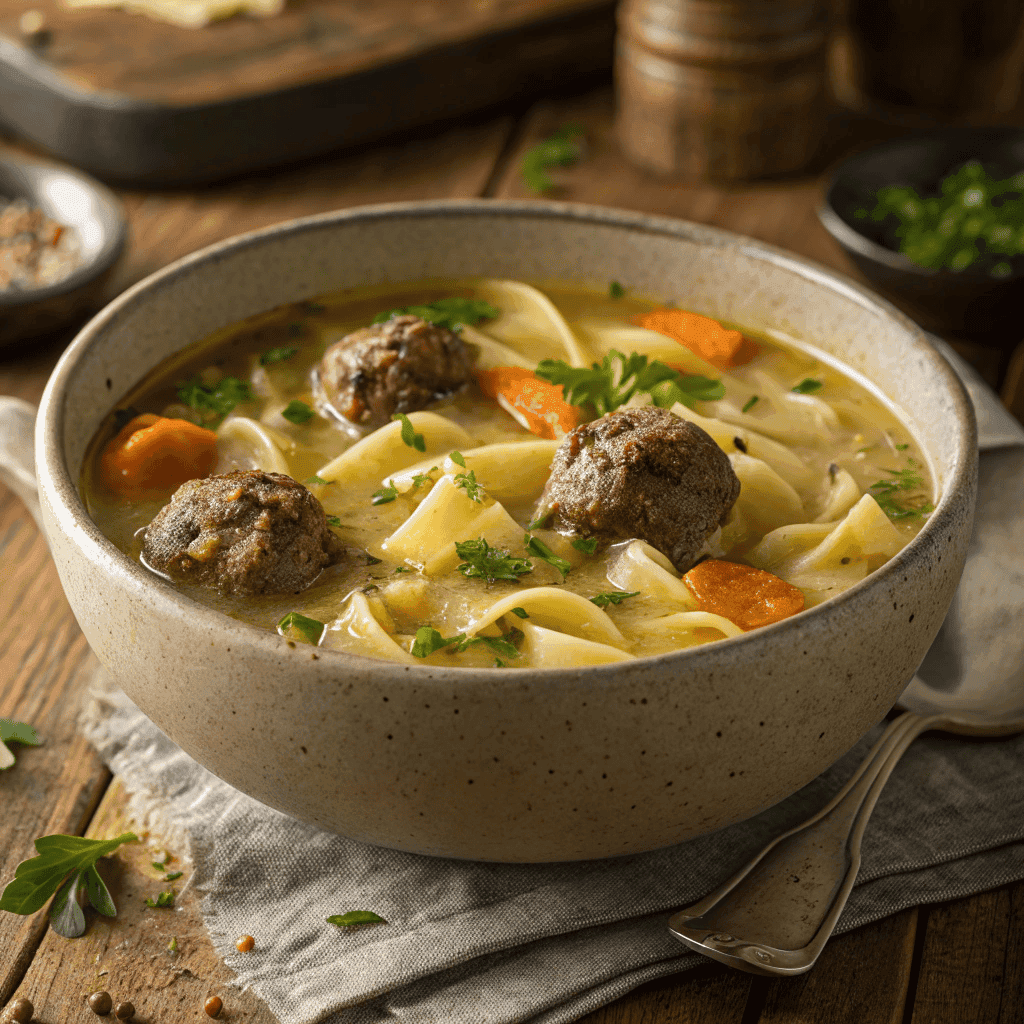Full bowl of Swedish meatball soup with creamy broth, meatballs, noodles, and carrots on a wooden table
