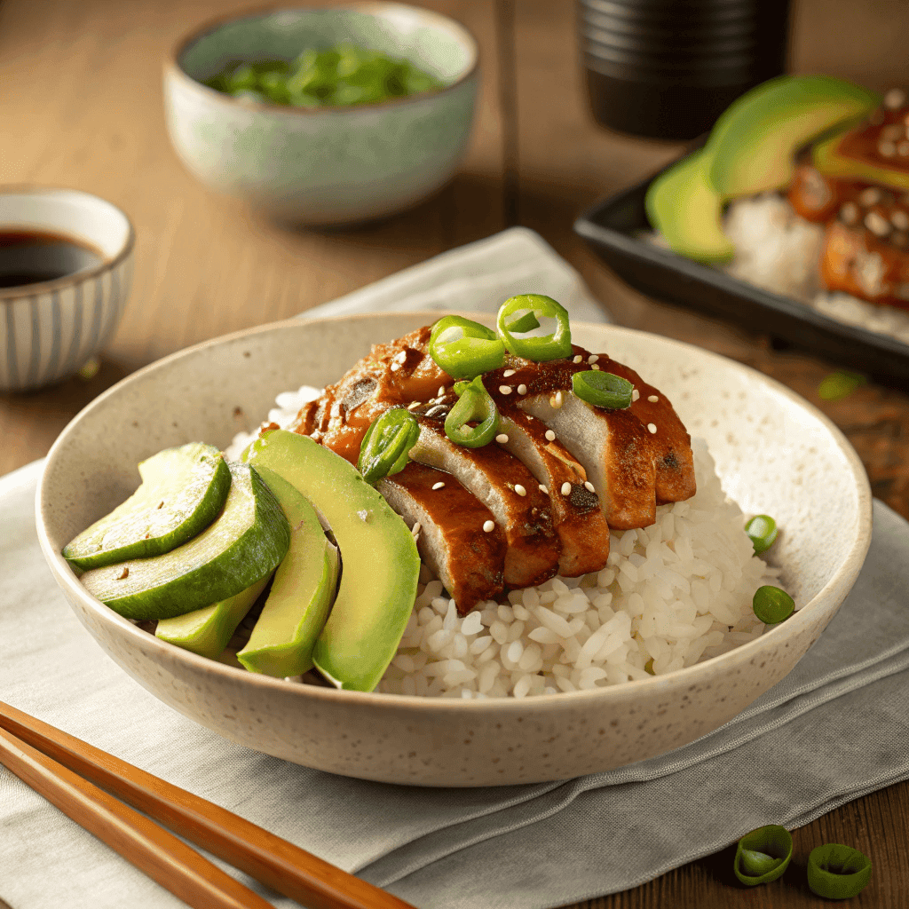 Full plate of teriyaki chicken avocado rice with stacked presentation and glossy glaze