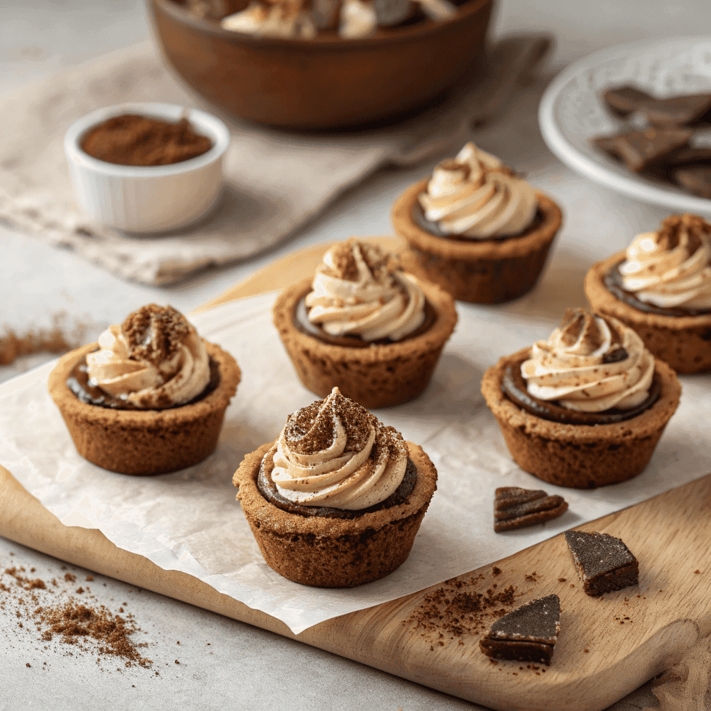 Multiple tiramisu cookie cups with cocoa-dusted cream arranged on parchment paper