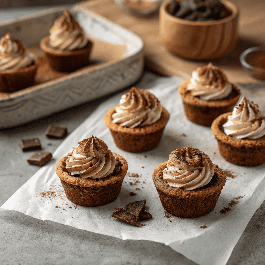 Tiramisu cookie cups with cocoa-dusted cream served on a white plate